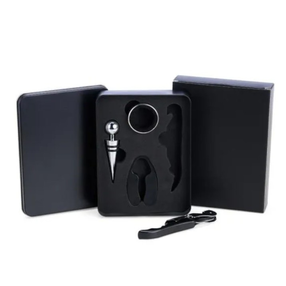 CONJUNTO DE 4 PECAS PARA VINHO COM ESTOJO EM ALUMINIO