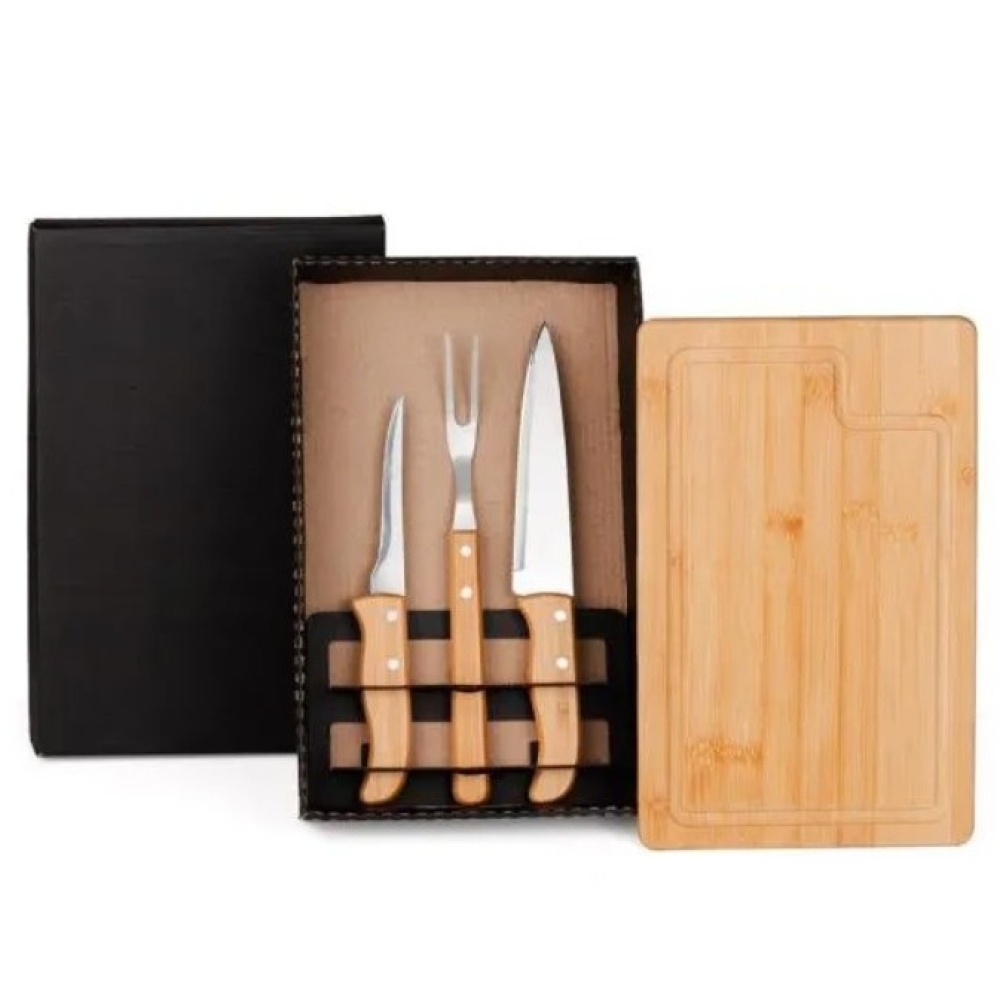 KIT PARA CHURRASCO EM BAMBU / MADEIRA / INOX - 4 PÇS
