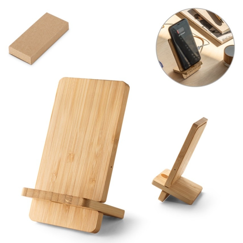 LANGE. Carregador wireless super-rápido e suporte em bambu para smartphone 15 W