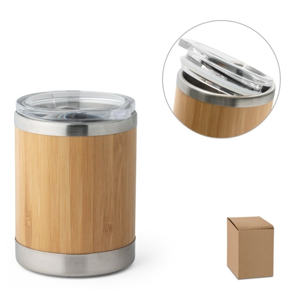 LYCKA. Copo de viagem em aço inox e bambu, térmico com parede dupla isolada a ar e tampa AS com fecho deslizante 350 mL